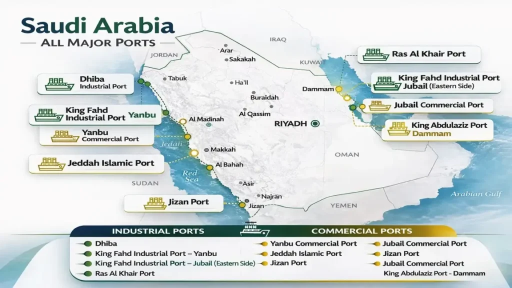 Major ports in Saudi Arabia map showing logistics network